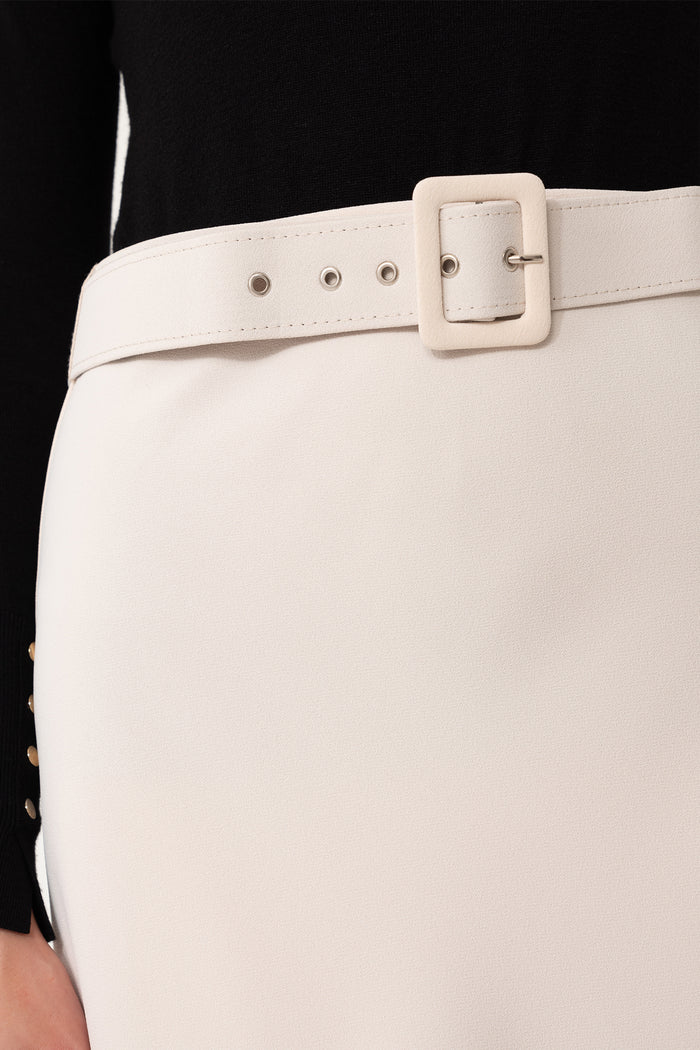 Cream Color Belt Flared Women's Skirt