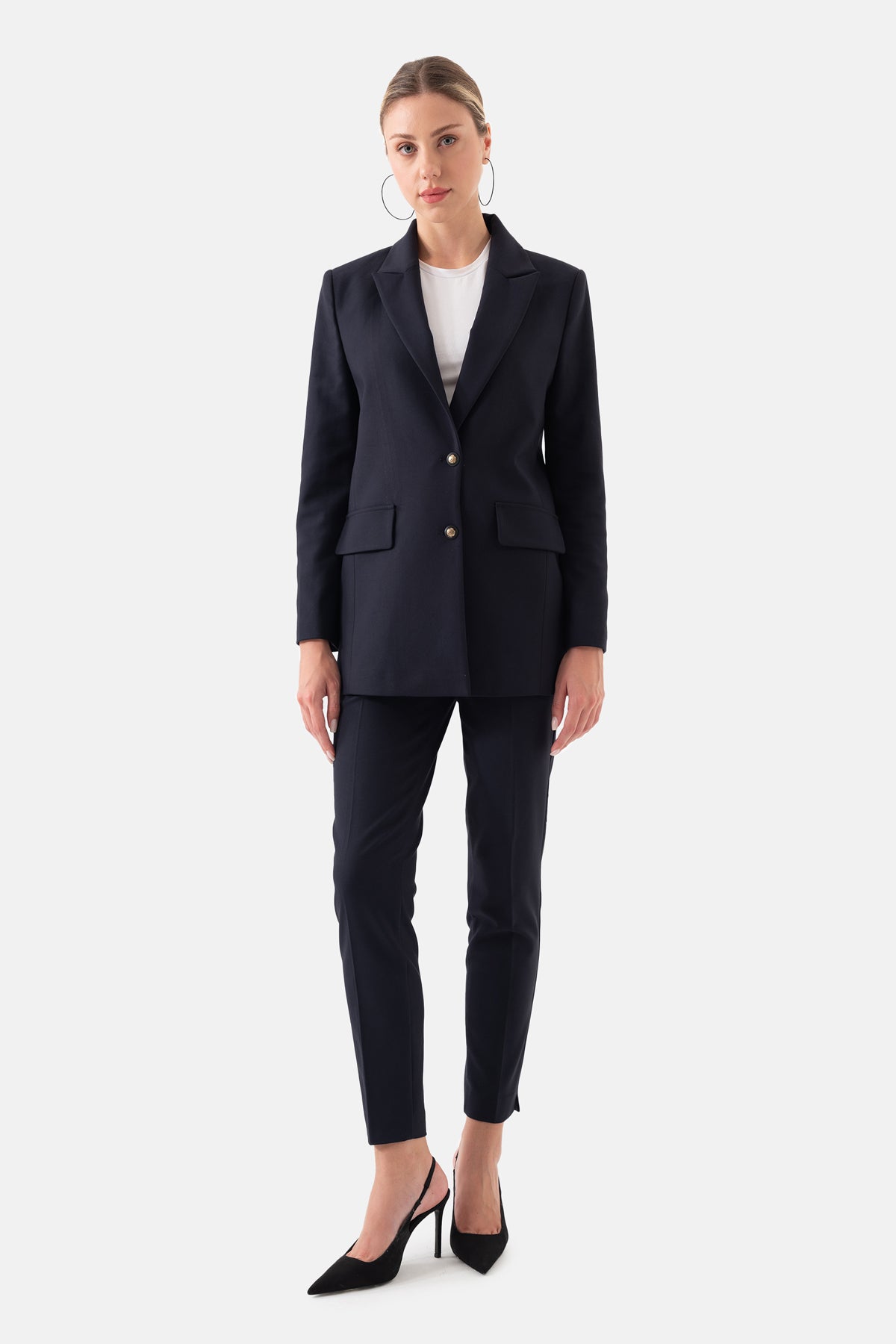 Navy Blue Elasticated Waistband Short Leg Women's Trousers