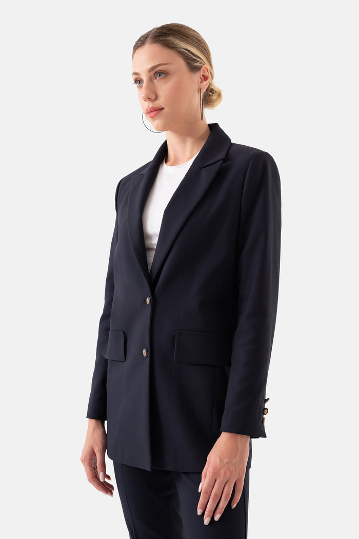 Navy Blue Wadded Blazer Women's Jacket with Pockets