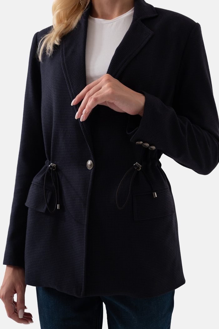 Navy Blue Crowbar Patterned Women's Jacket with Pleated Waist