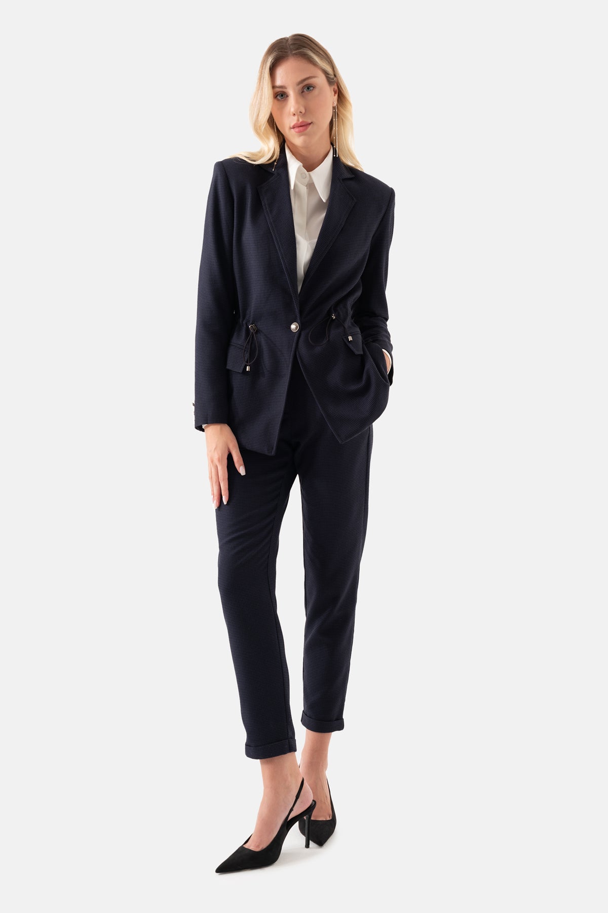 Lacivert Kazayağı Desenli Beli Büzgülü Kadın Ceket