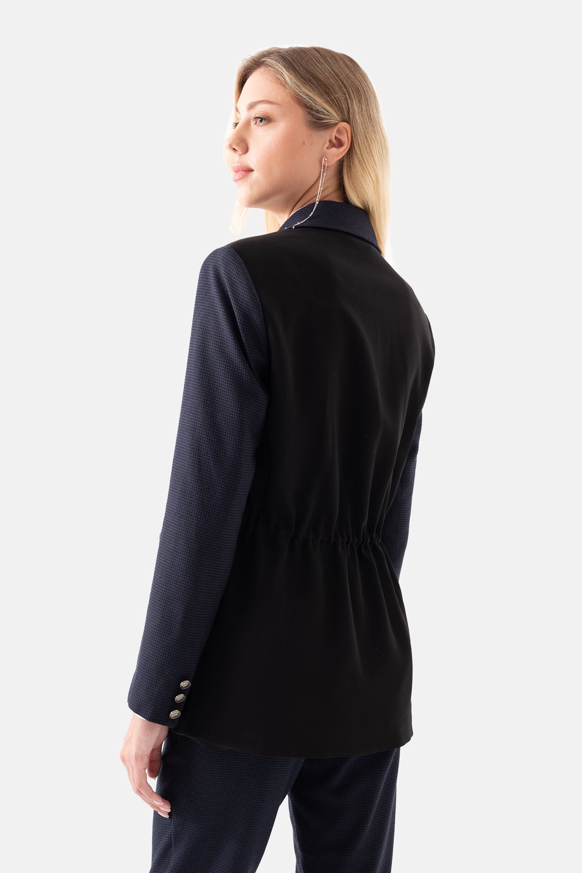 Lacivert Kazayağı Desenli Beli Büzgülü Kadın Ceket