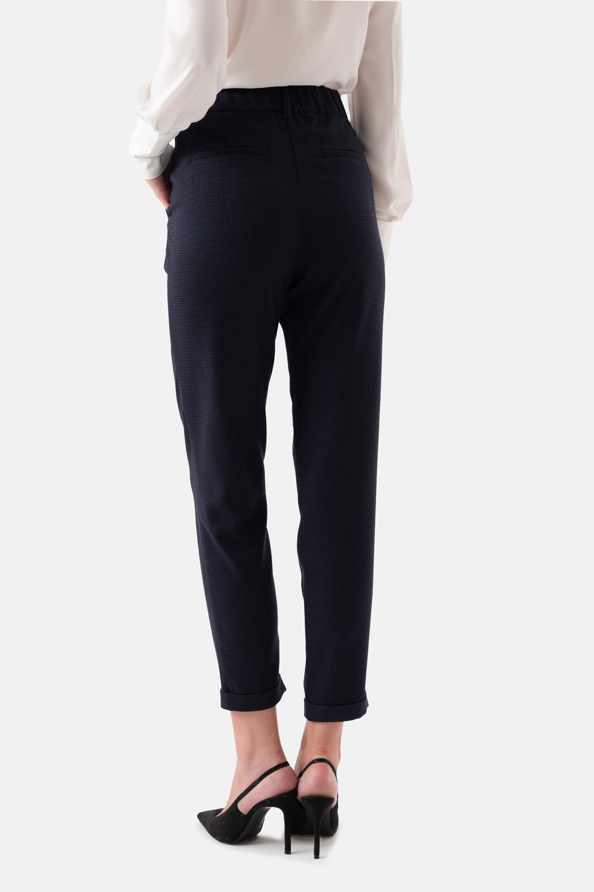 Navy Blue Crowbar Patterned Leather Detailed Women's Trousers