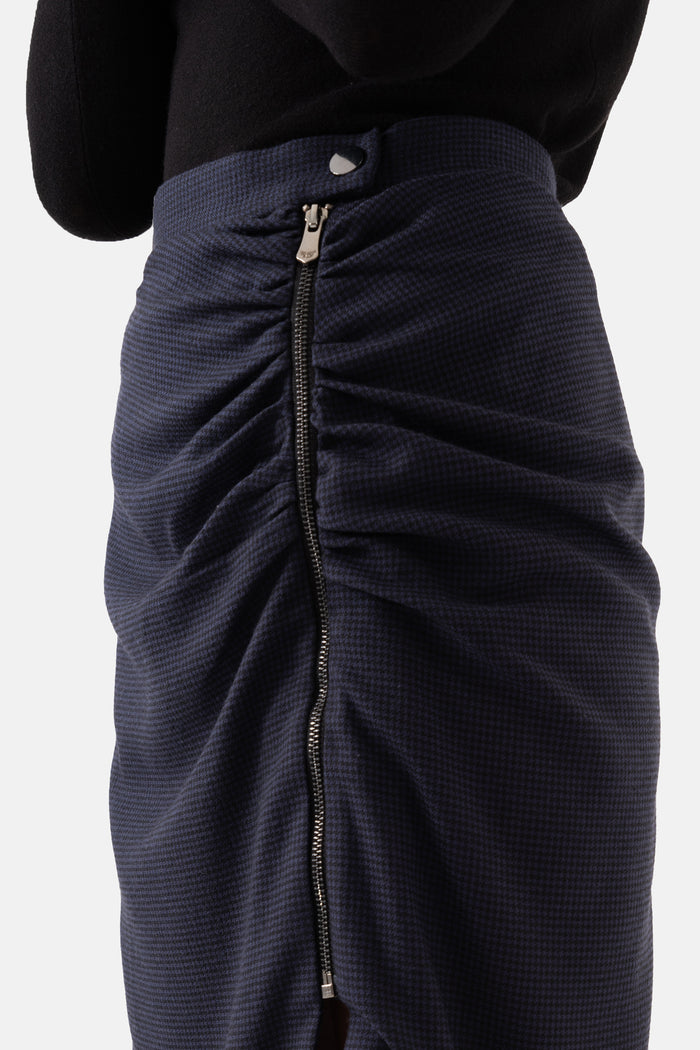 Navy Blue Crowbar Pattern Women's Midi Skirt With Zipper On The Side