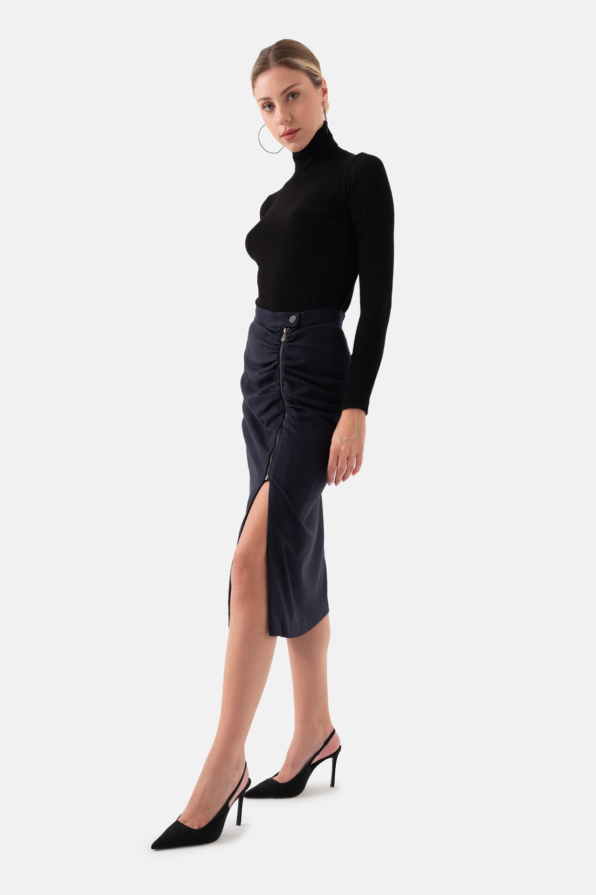 Navy Blue Crowbar Pattern Women's Midi Skirt With Zipper On The Side