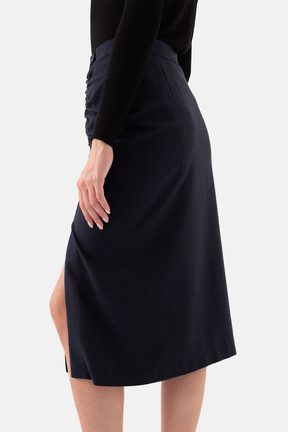 Navy Blue Crowbar Pattern Women's Midi Skirt With Zipper On The Side