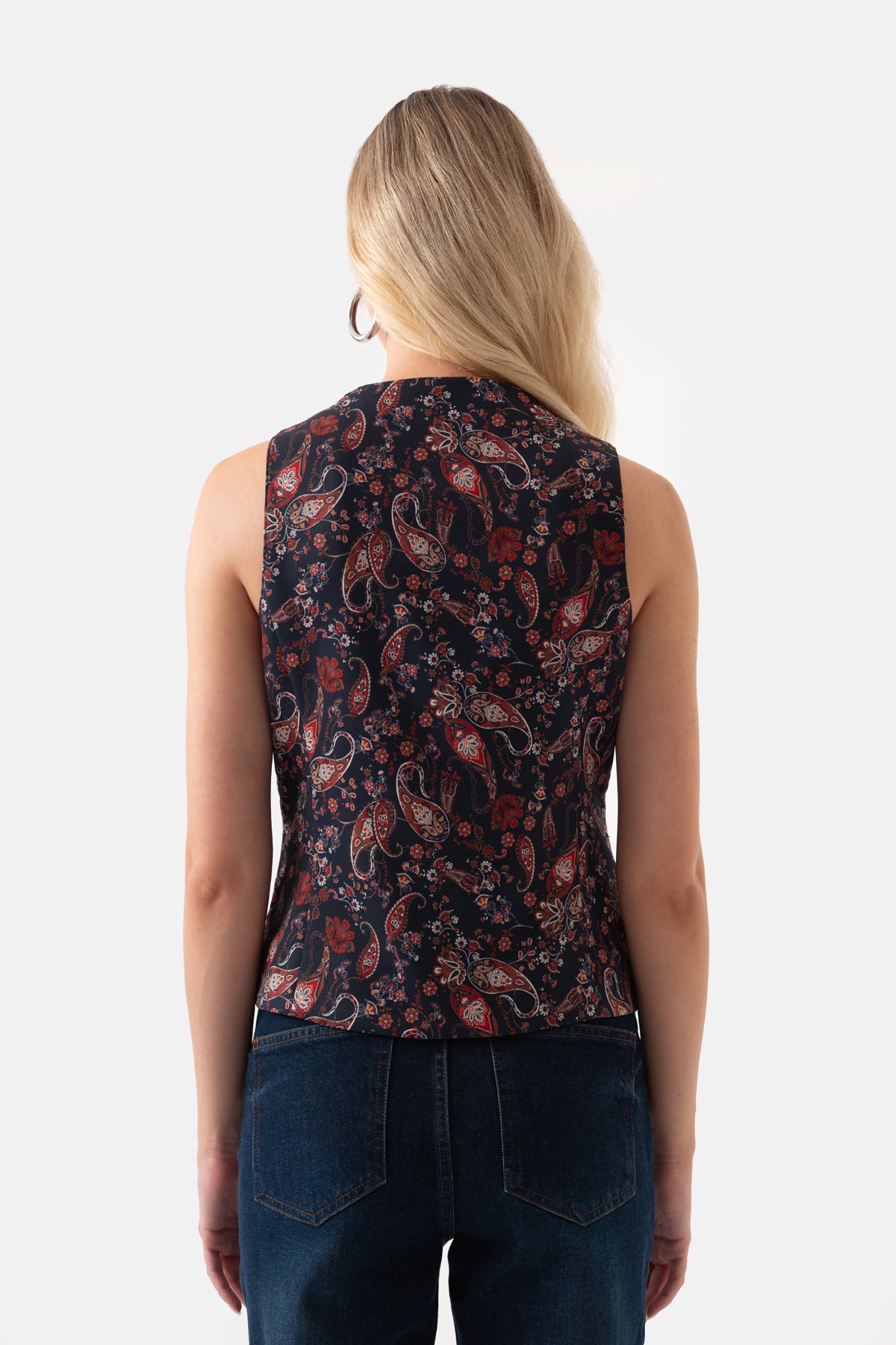 Lacivert Şal Desenli Önü Düğmeli Astarlı Kadın Yelek