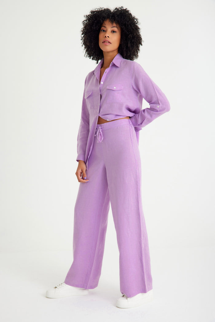Lilac Linen Waist Laced Wide Leg Women's Trousers