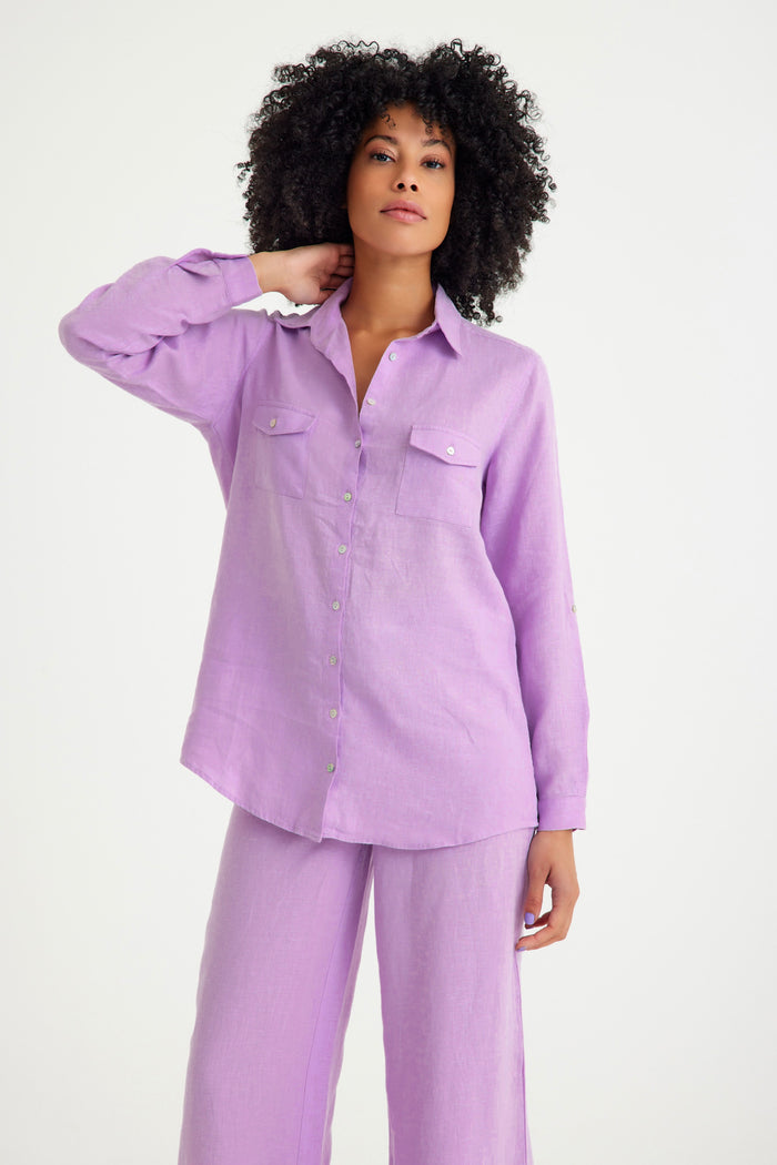 Lilac Linen Pocket Detailed Women's Shirt