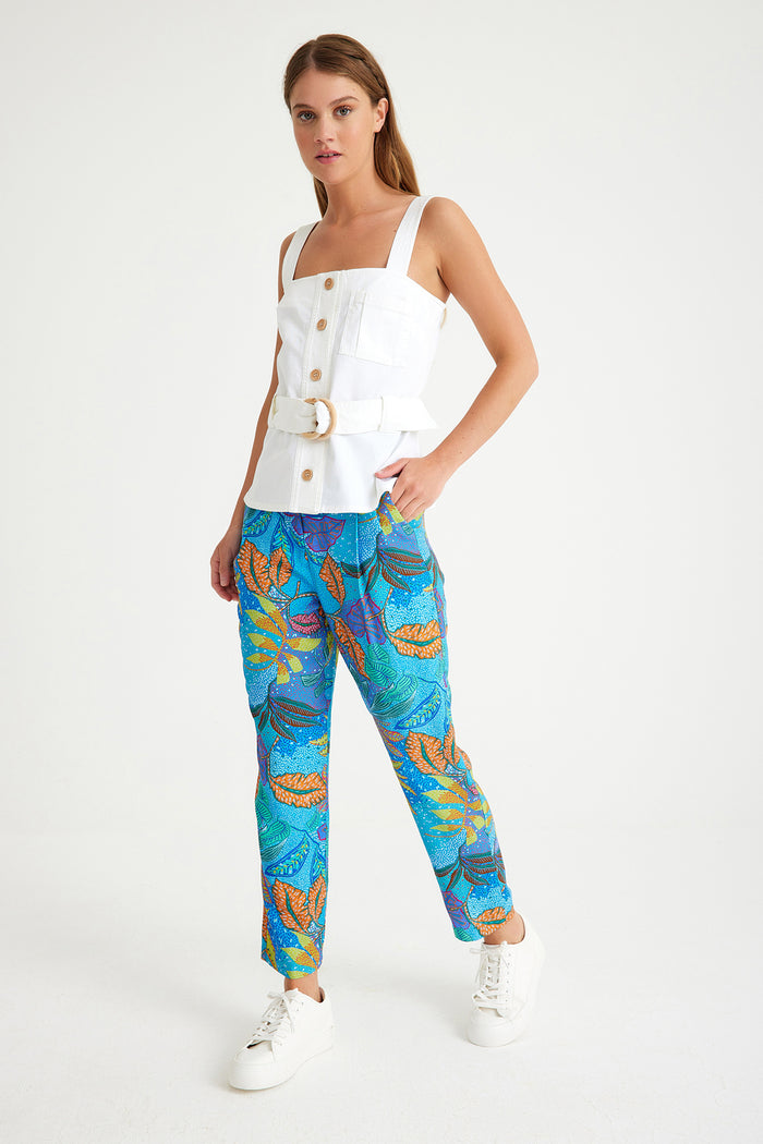 Blue Leaf Patterned Elastic Waist Women's Trousers