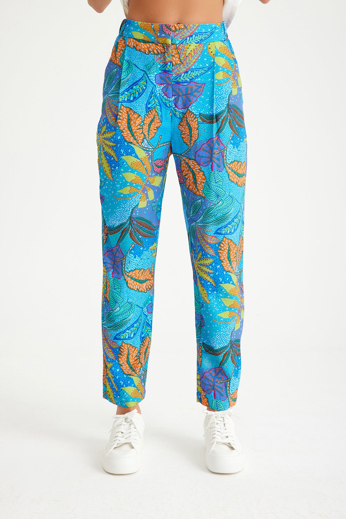 Blue Leaf Patterned Elastic Waist Women's Trousers