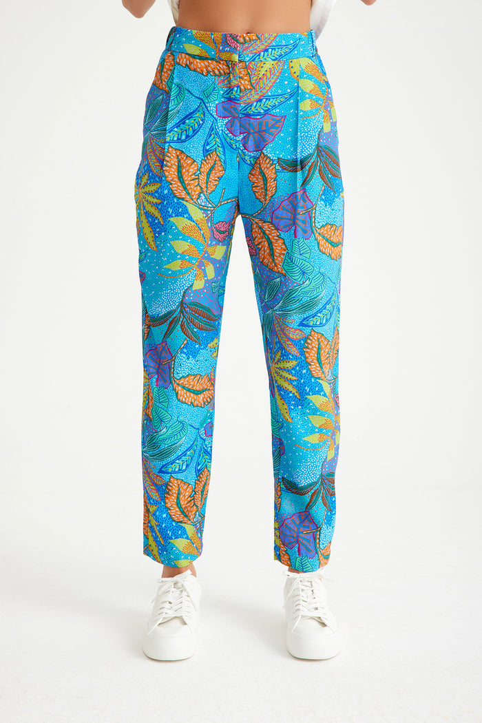 Blue Leaf Patterned Elastic Waist Women's Trousers