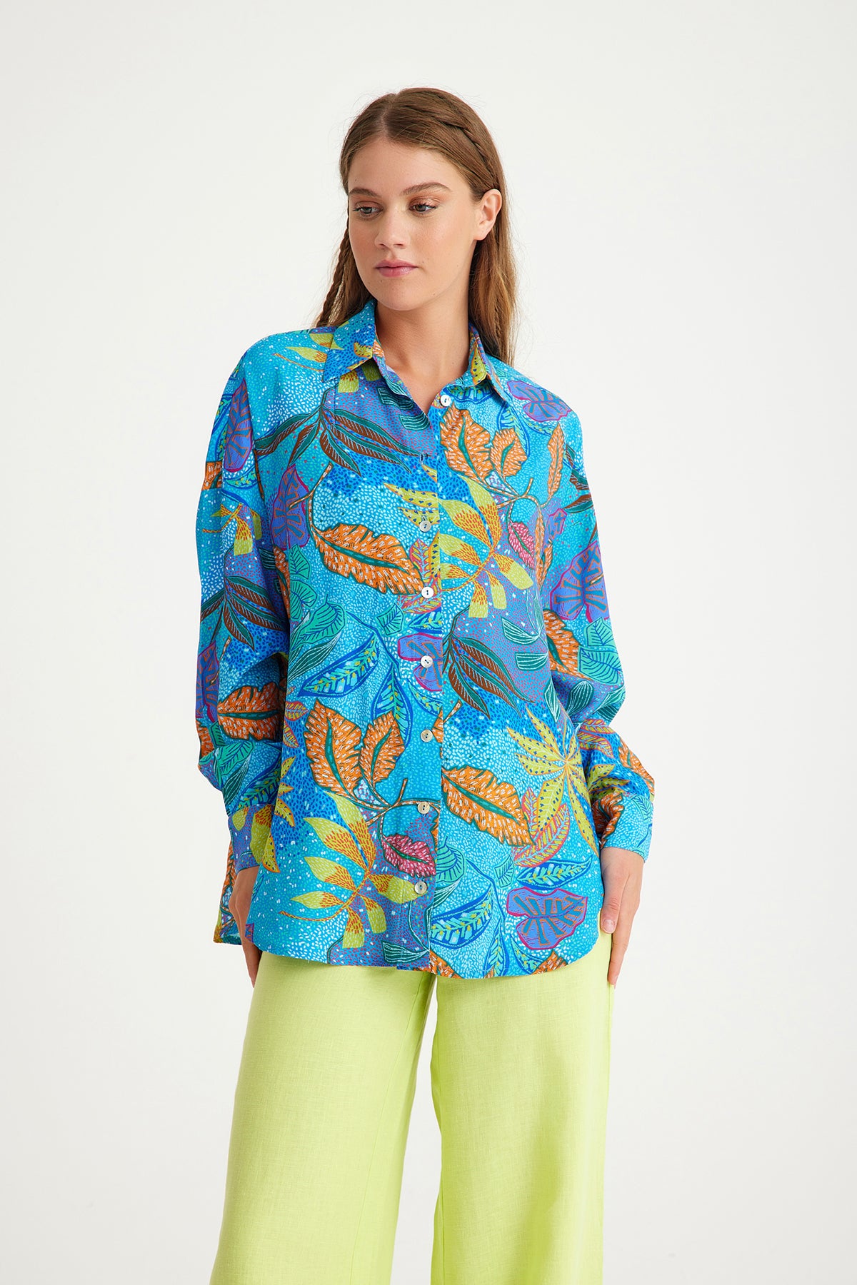 Blue Leaf Patterned Oversize Women's Shirt