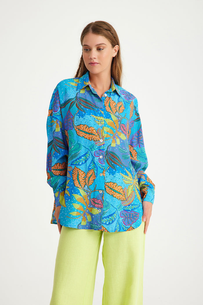 Blue Leaf Patterned Oversize Women's Shirt