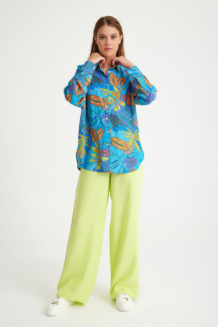 Blue Leaf Patterned Oversize Women's Shirt
