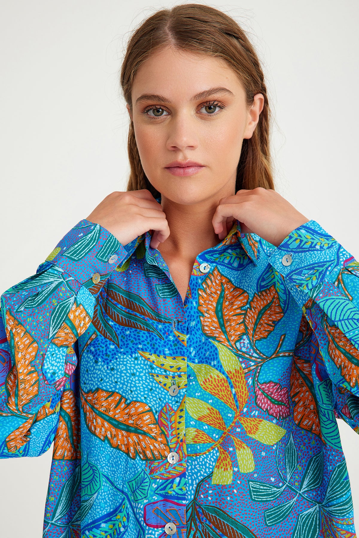 Blue Leaf Patterned Oversize Women's Shirt