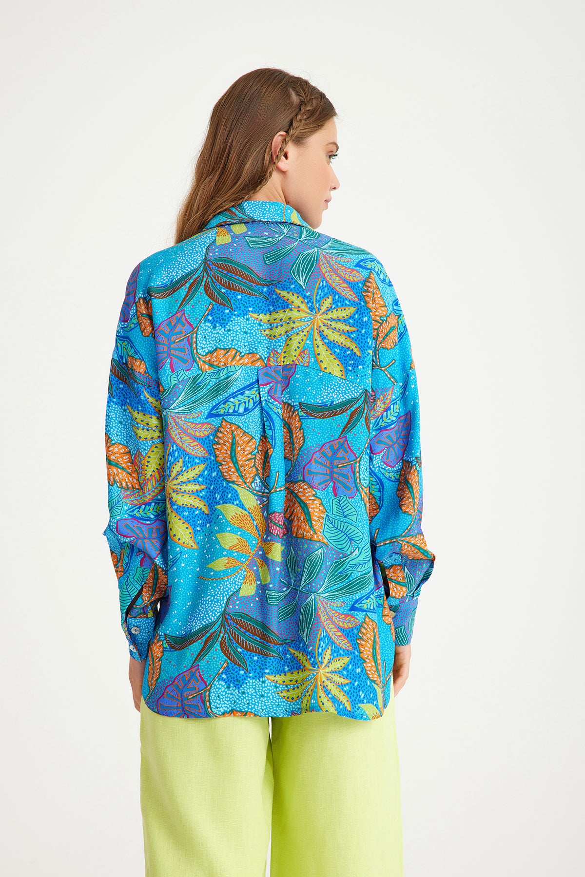 Blue Leaf Patterned Oversize Women's Shirt