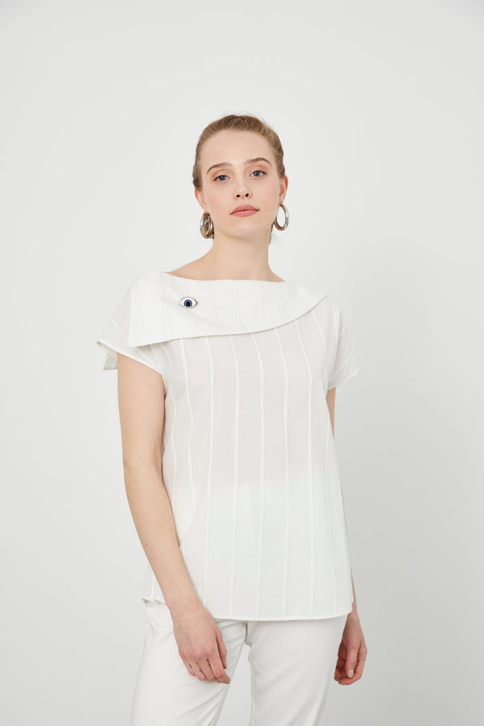 Indigo Striped Off-the-shoulder Asymmetric Collar Blouse