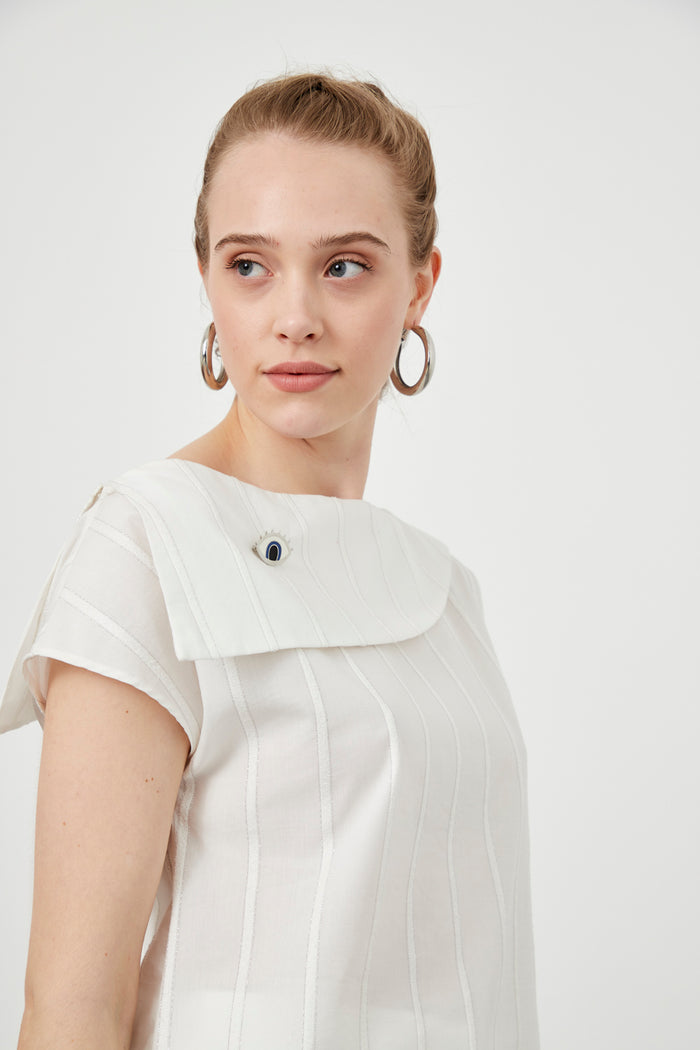 Indigo Striped Off-the-shoulder Asymmetric Collar Blouse