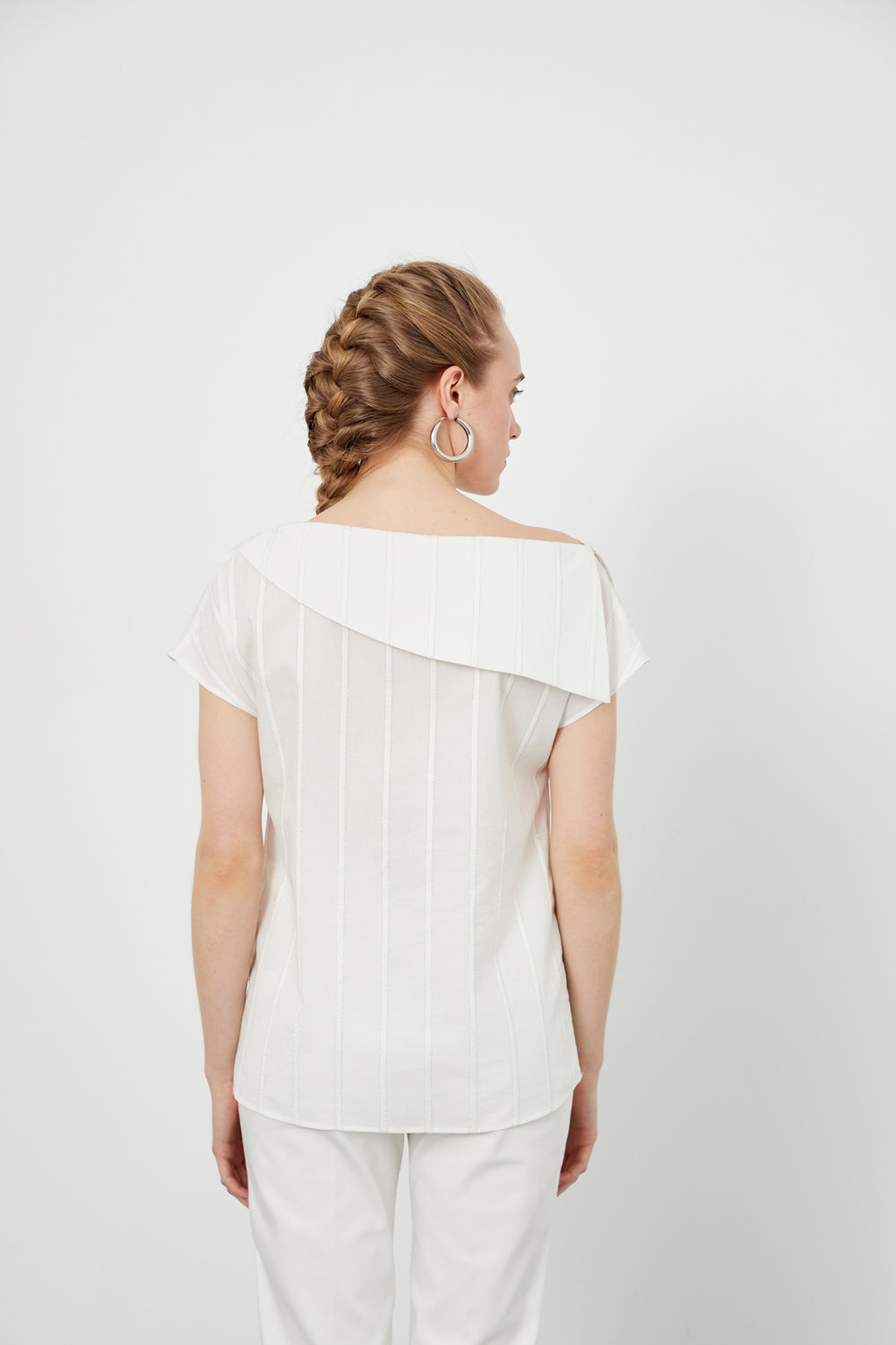 Indigo Striped Off-the-shoulder Asymmetric Collar Blouse