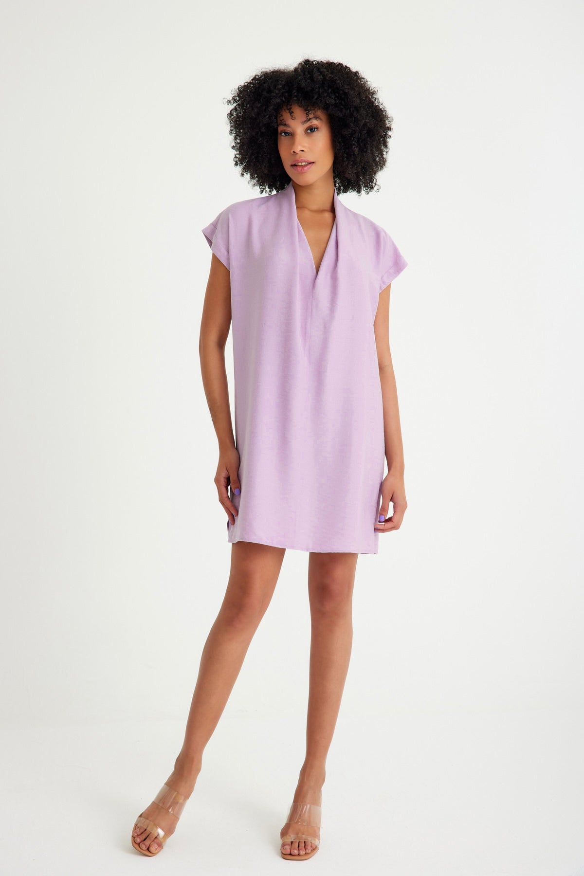 Pudra Düşük Kısa Kollu Rahat Kesim Kısa Elbise