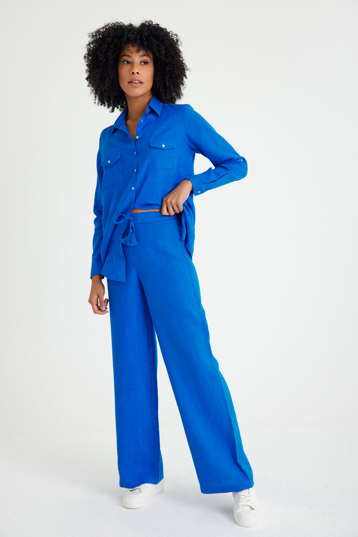 Sax Blue Linen Waist Laced Wide Leg Women's Trousers