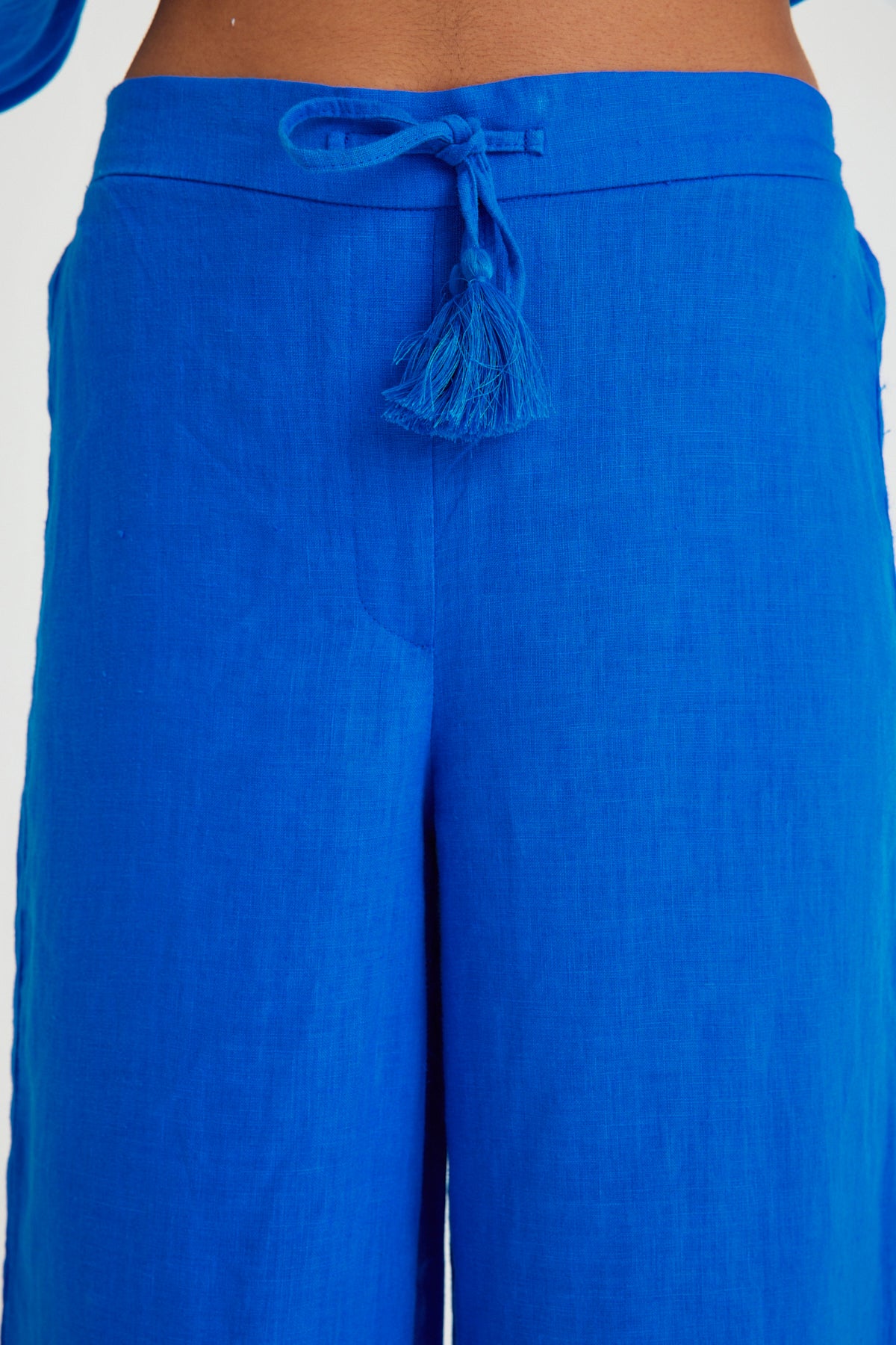 Sax Blue Linen Waist Laced Wide Leg Women's Trousers