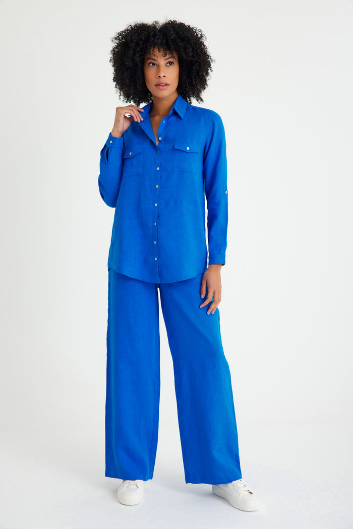 Sax Blue Linen Pocket Detailed Women's Shirt