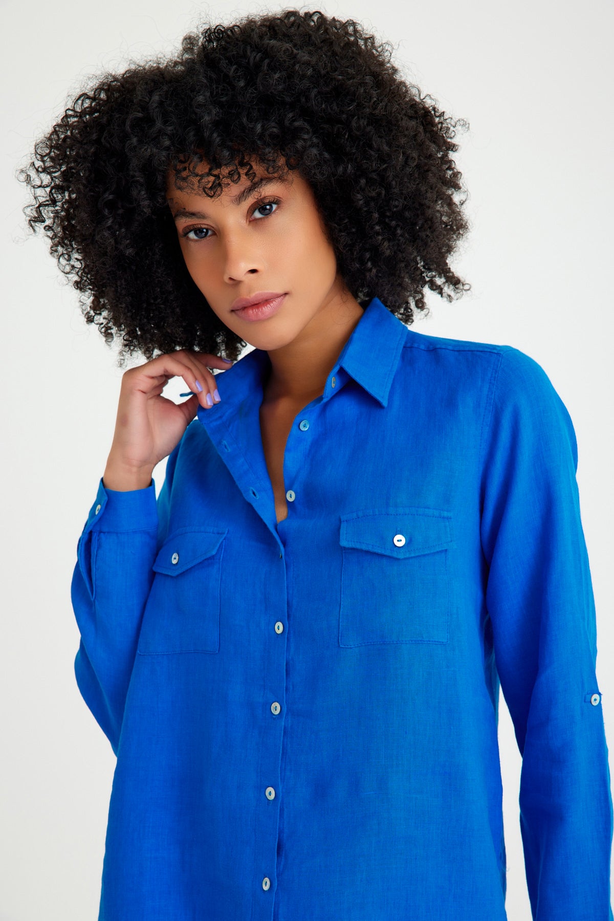 Sax Blue Linen Pocket Detailed Women's Shirt