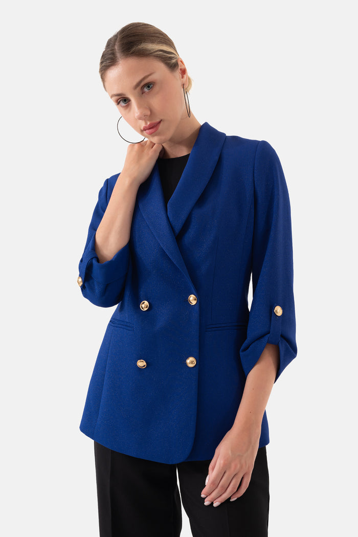 Sax Blue Shawl Collar Double Breasted Blazer Women's Jacket