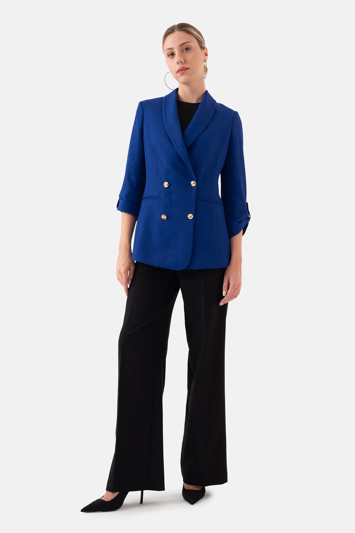 Saks Mavi Şal Yakalı Kruvaze Blazer Kadın Ceket