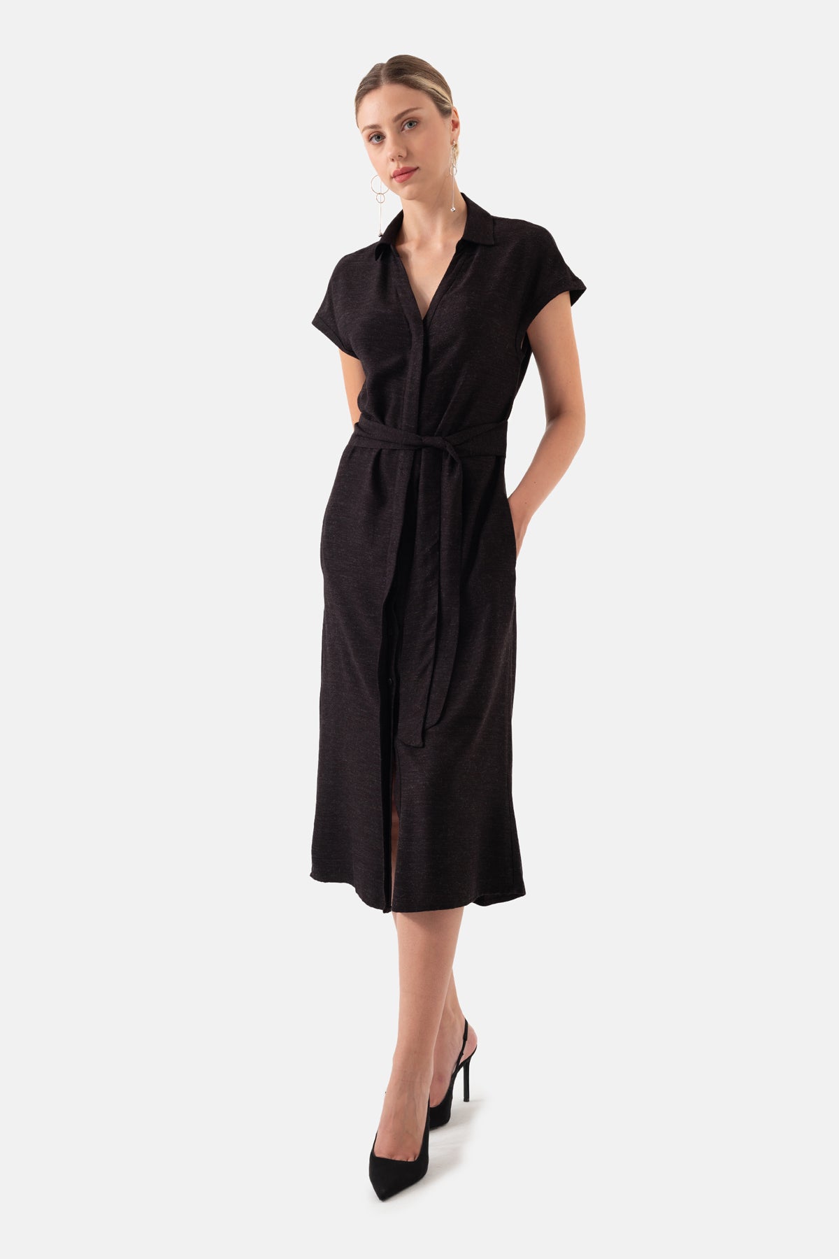 Siyah Beli Kuşaklı Gömlek Elbise