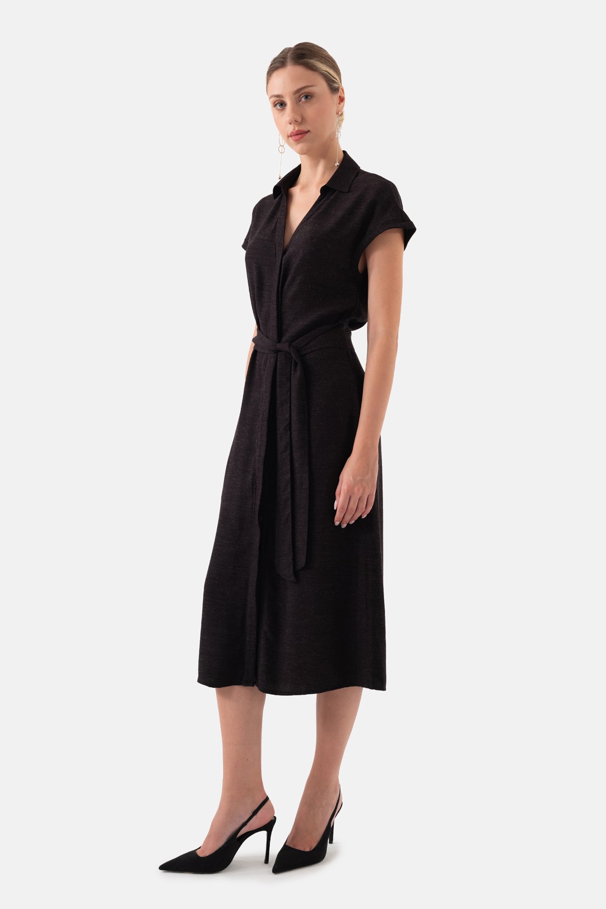 Siyah Beli Kuşaklı Gömlek Elbise