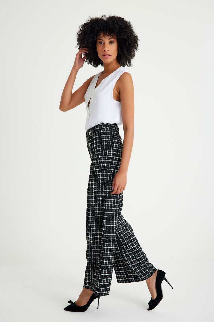 Black White Plaid Side Zipper Women's Trousers