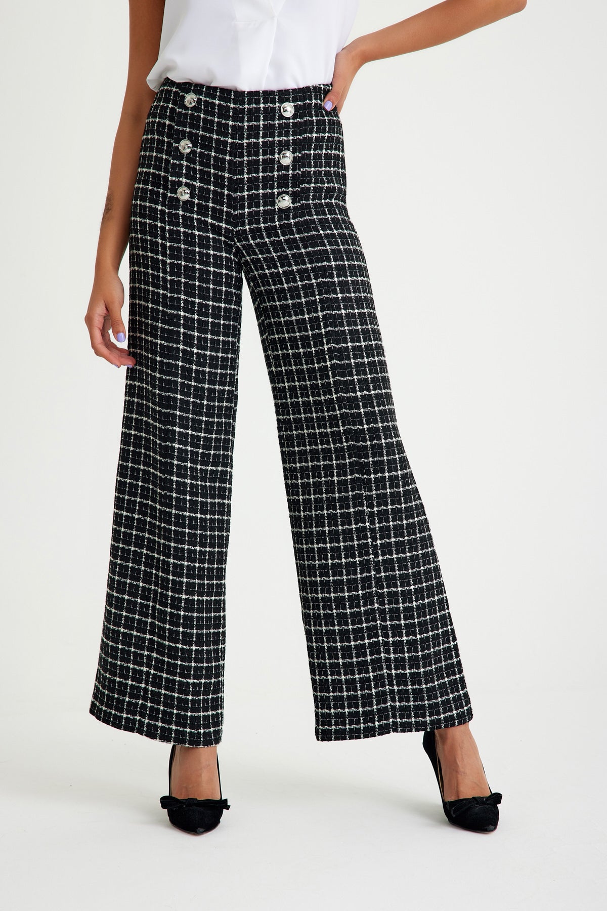 Black White Plaid Side Zipper Women's Trousers