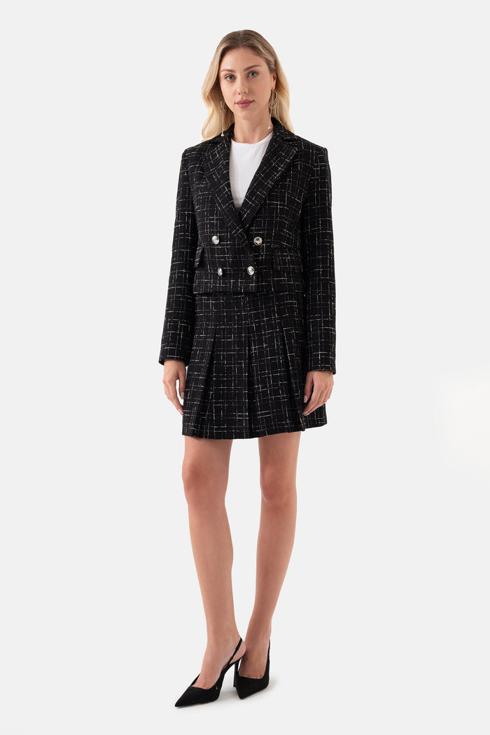 Black Plaid Double Breasted Short Women's Jacket