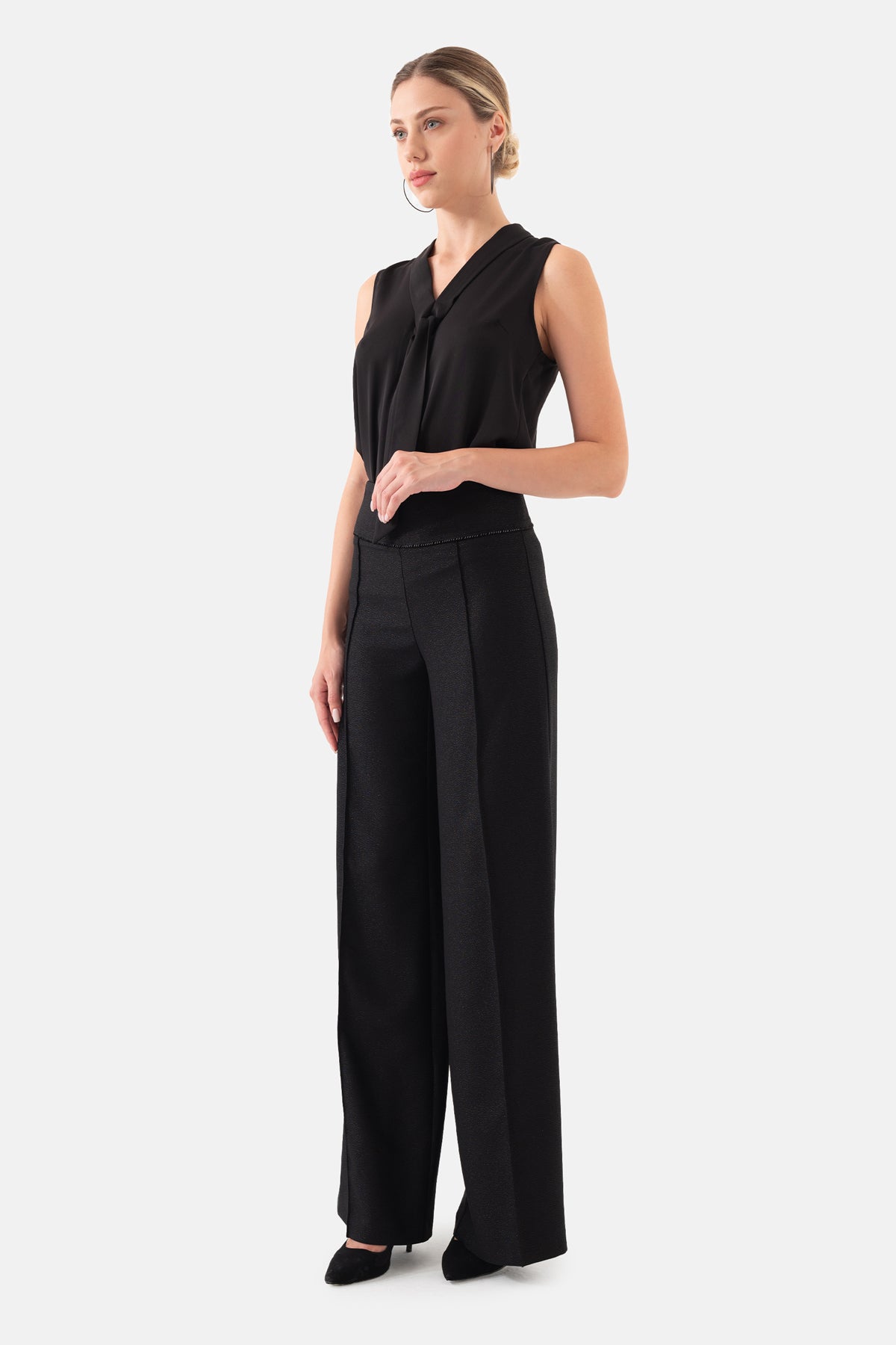 Black Ribbed Wide Leg Trousers