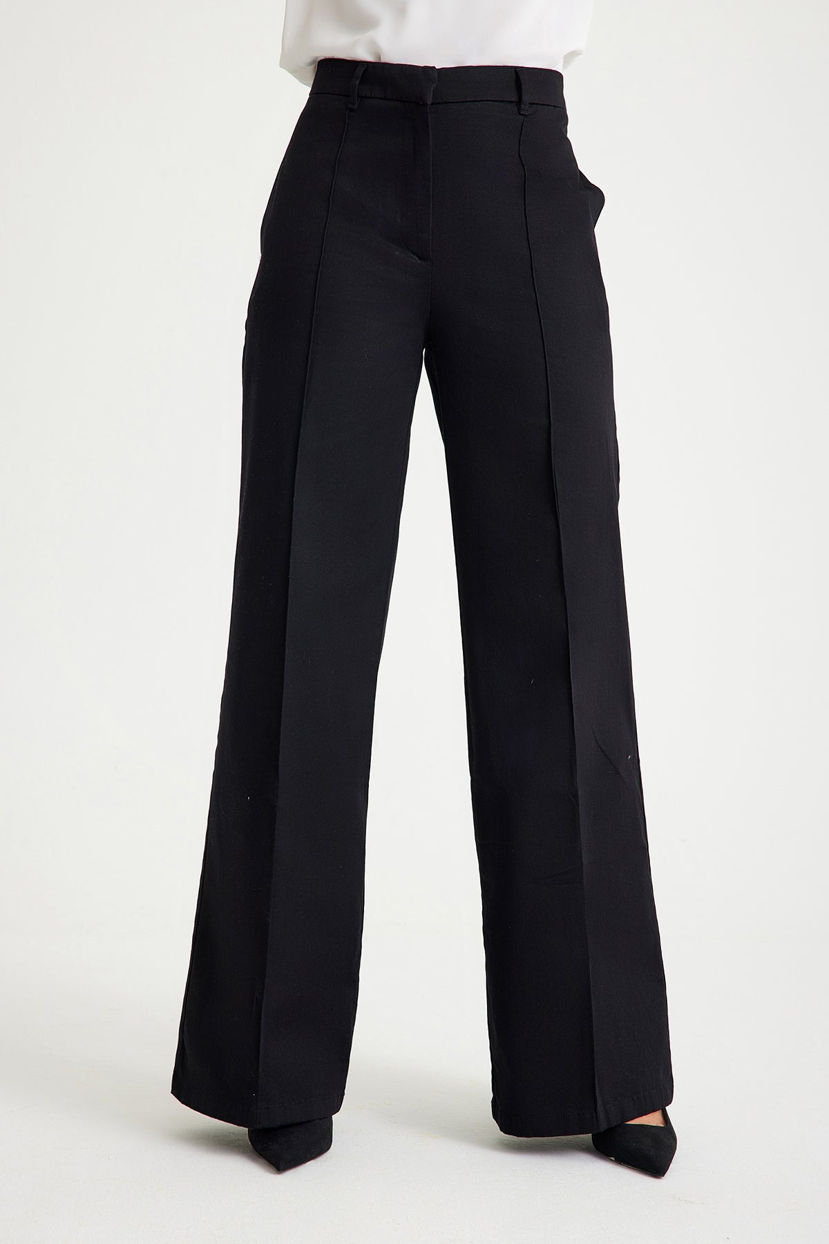 Black Ribbed Wide-Leg Women's Trousers