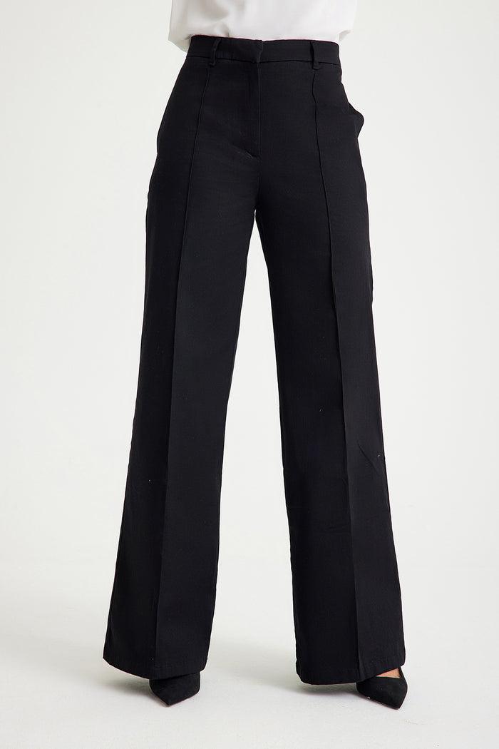 Black Ribbed Wide-Leg Women's Trousers