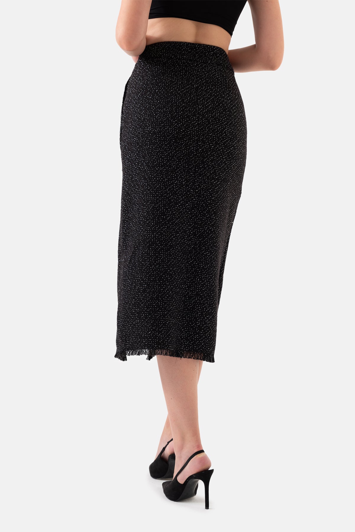 Black Silvery Women's Midi Skirt with Side Slits