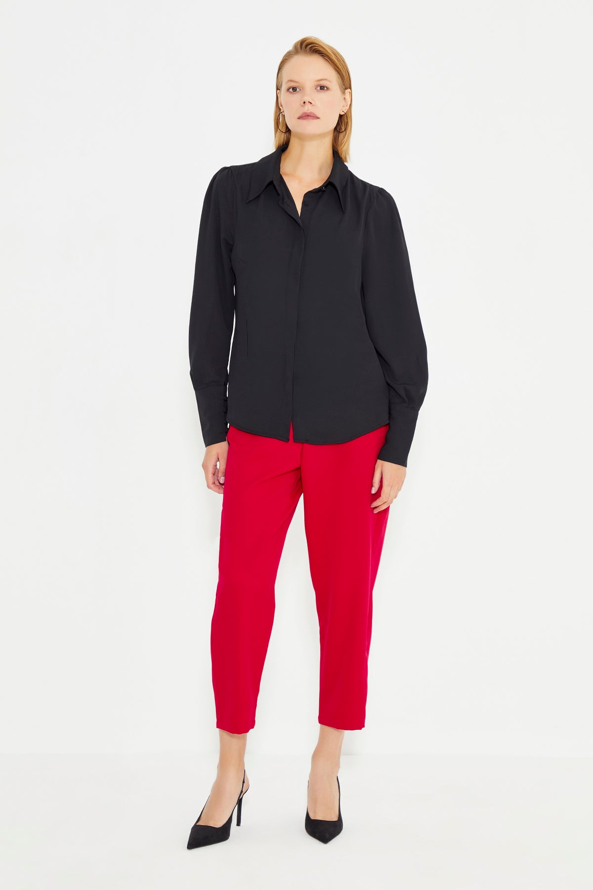 Black Pointed Collar Wide Cuff Relaxed Cut Shirt