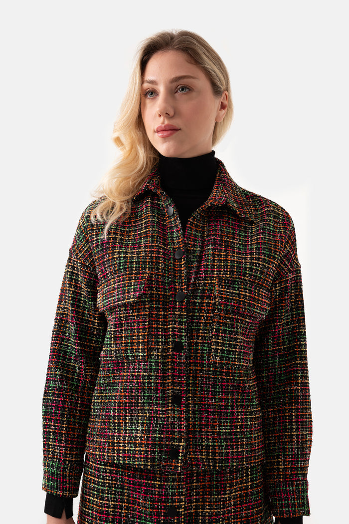 Black Tweed Pocket Detailed Women's Shirt Jacket