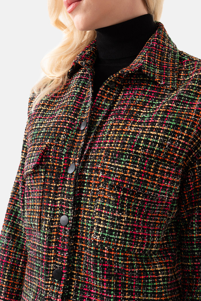Black Tweed Pocket Detailed Women's Shirt Jacket