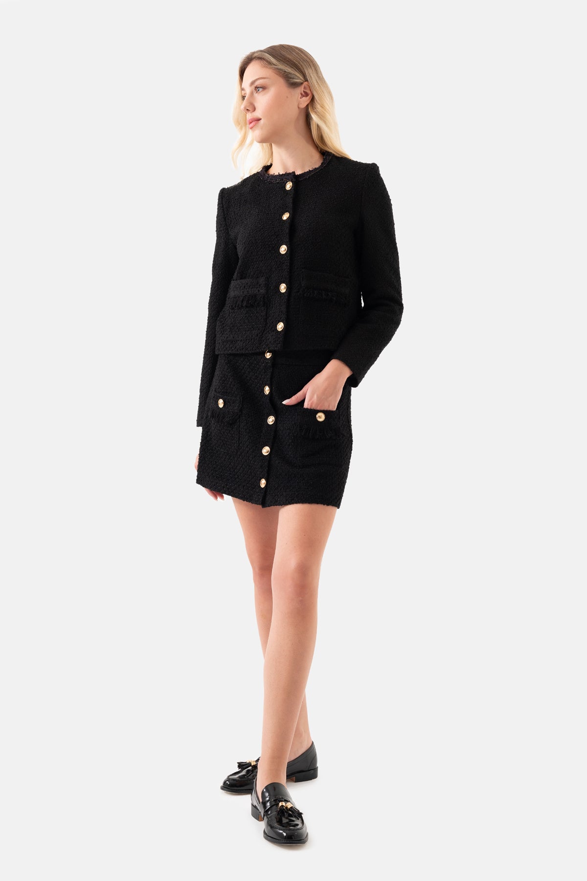 Black Tweed Short Women's Jacket With Pockets