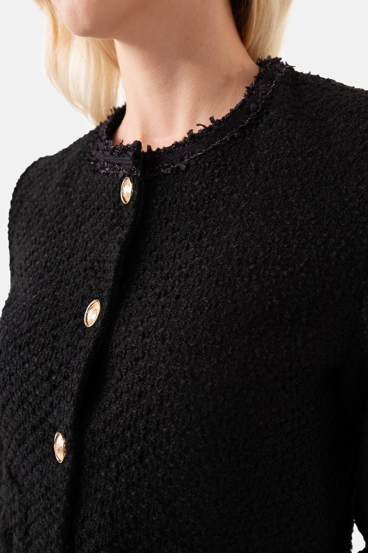 Black Tweed Short Women's Jacket With Pockets