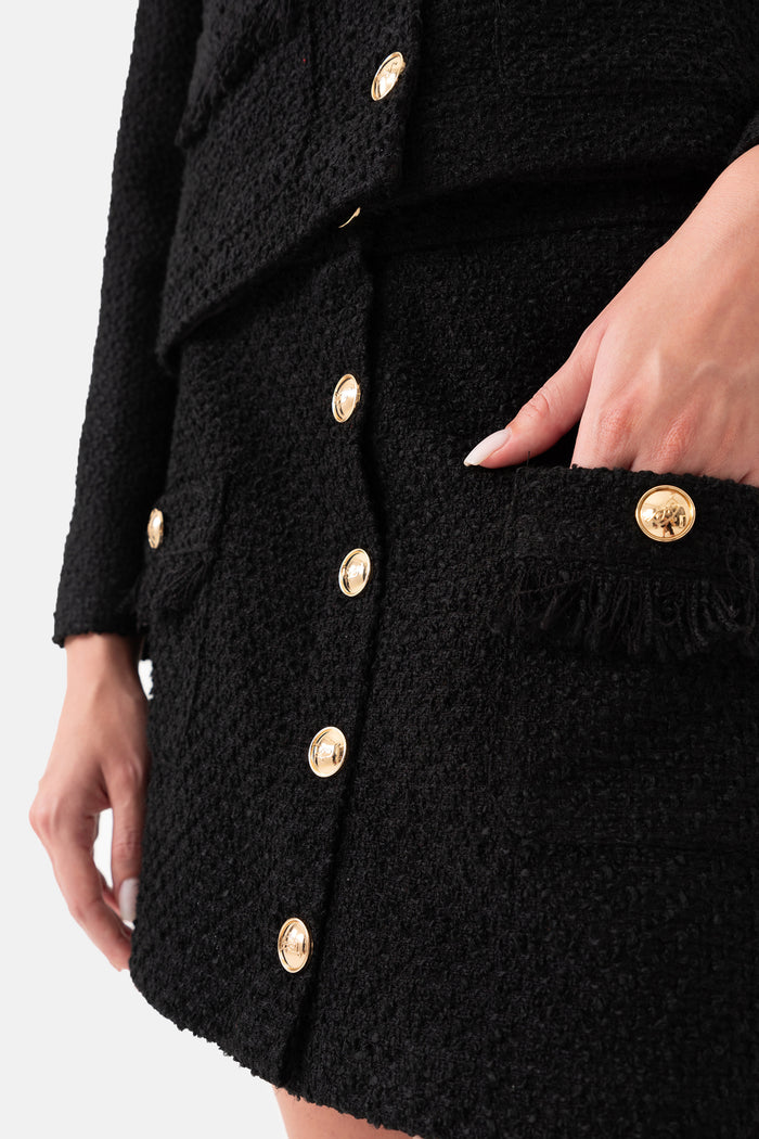 Black Tweed Front Buttoned Pocket Mini Skirt