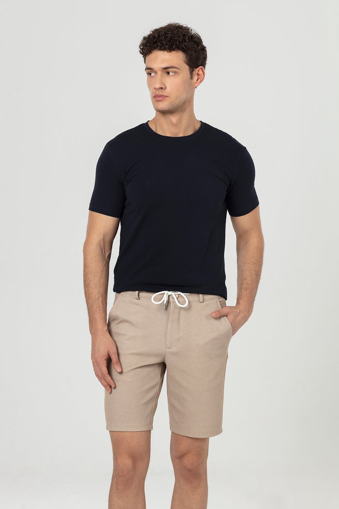 Taş Rengi Slim Fit Bağlamalı Dokulu Erkek Şort