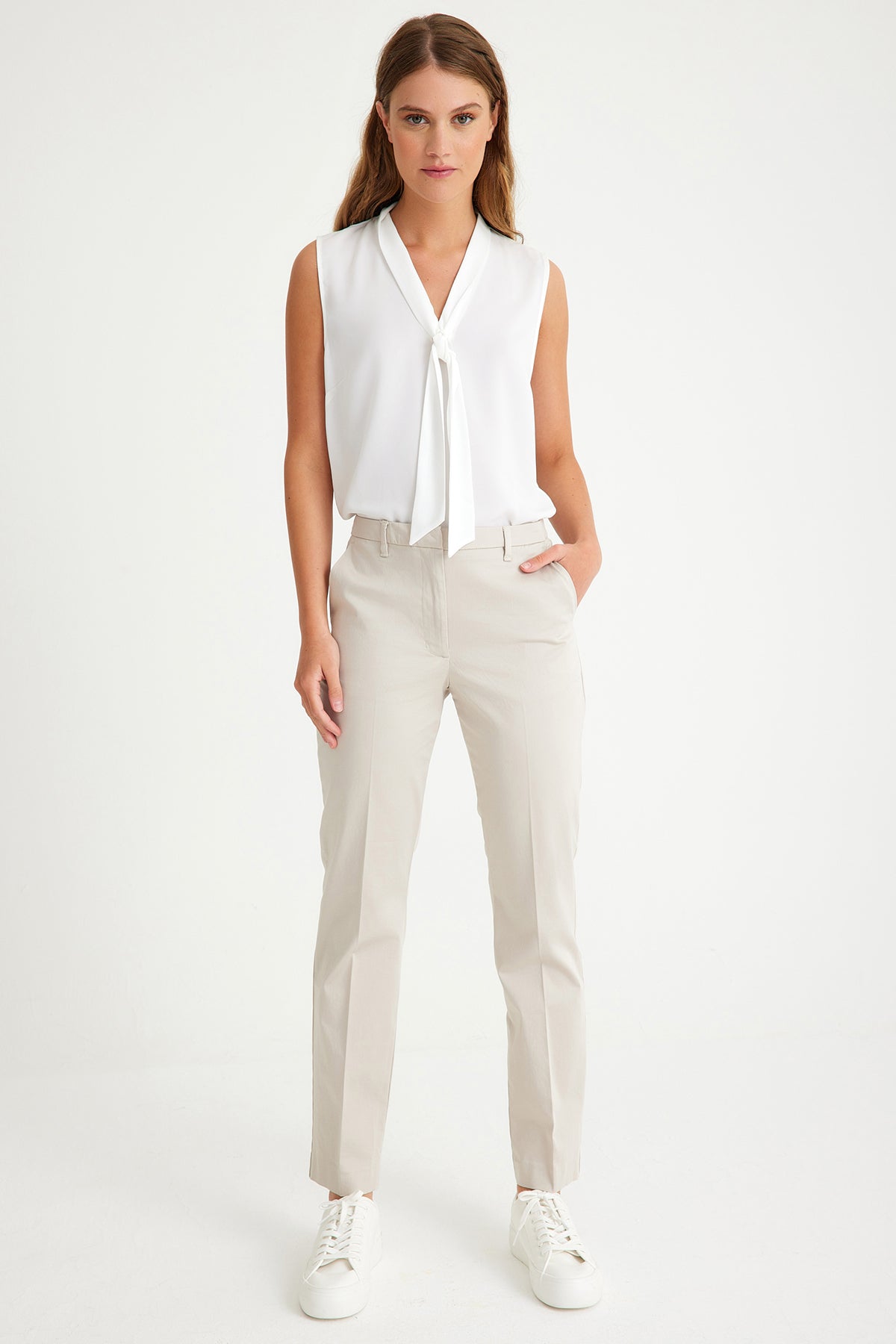 Stone Color Slim Fit Pocketed Women's Trousers