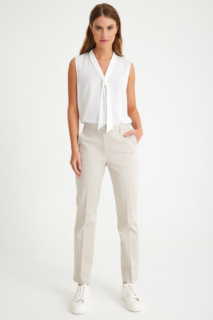 Stone Color Slim Fit Pocketed Women's Trousers