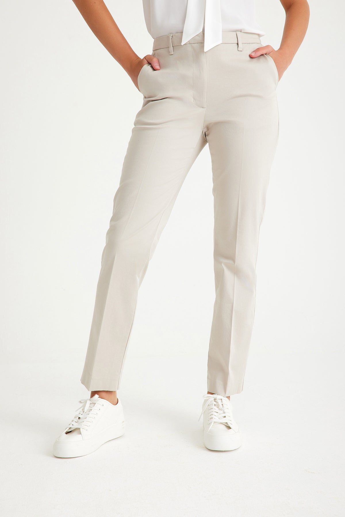 Stone Color Slim Fit Pocketed Women's Trousers
